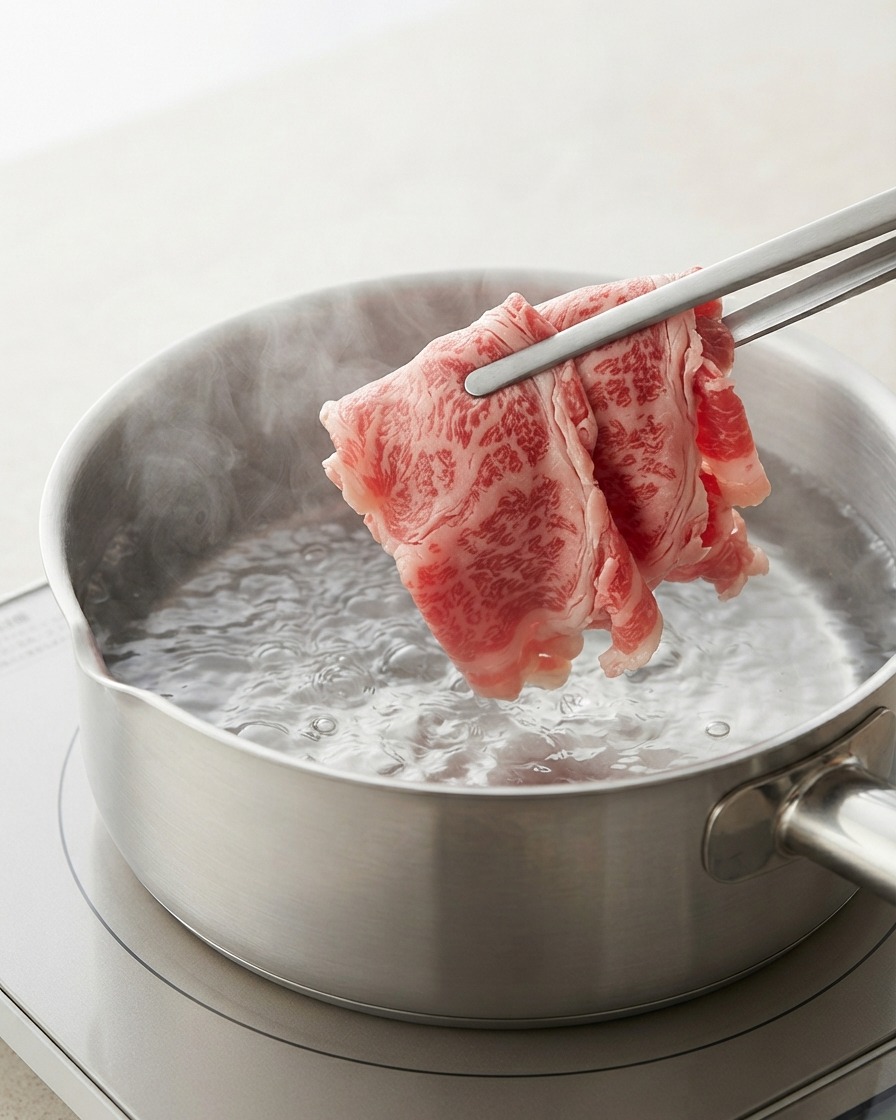 Beef slices being placed into a pot of boiling water with kitchen tongs.
