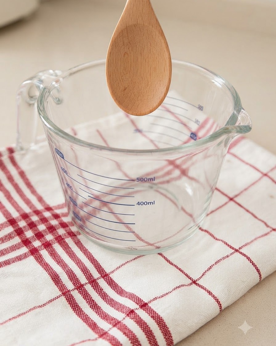 A wooden spoon resting over a clear glass measuring cup on a red checkered cloth.