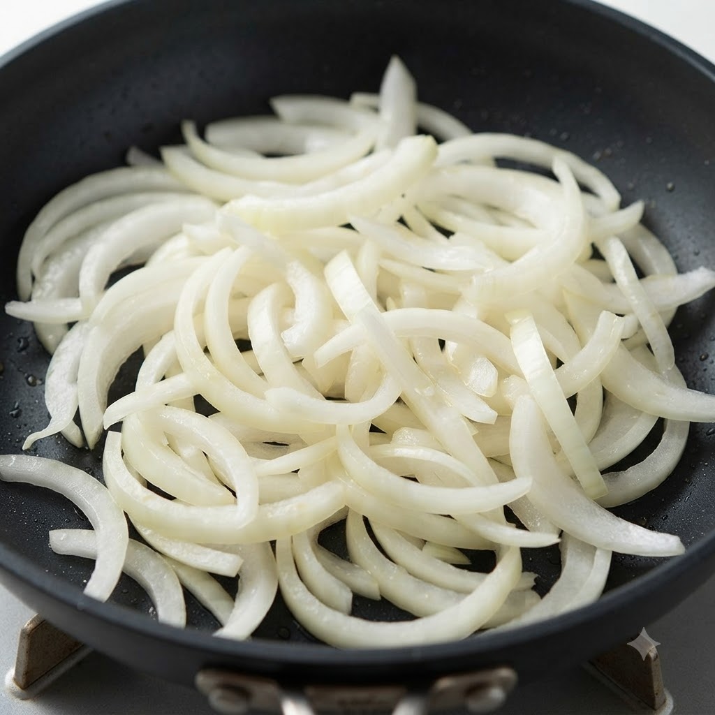 Sliced white onions cooking in a black skillet with oil.