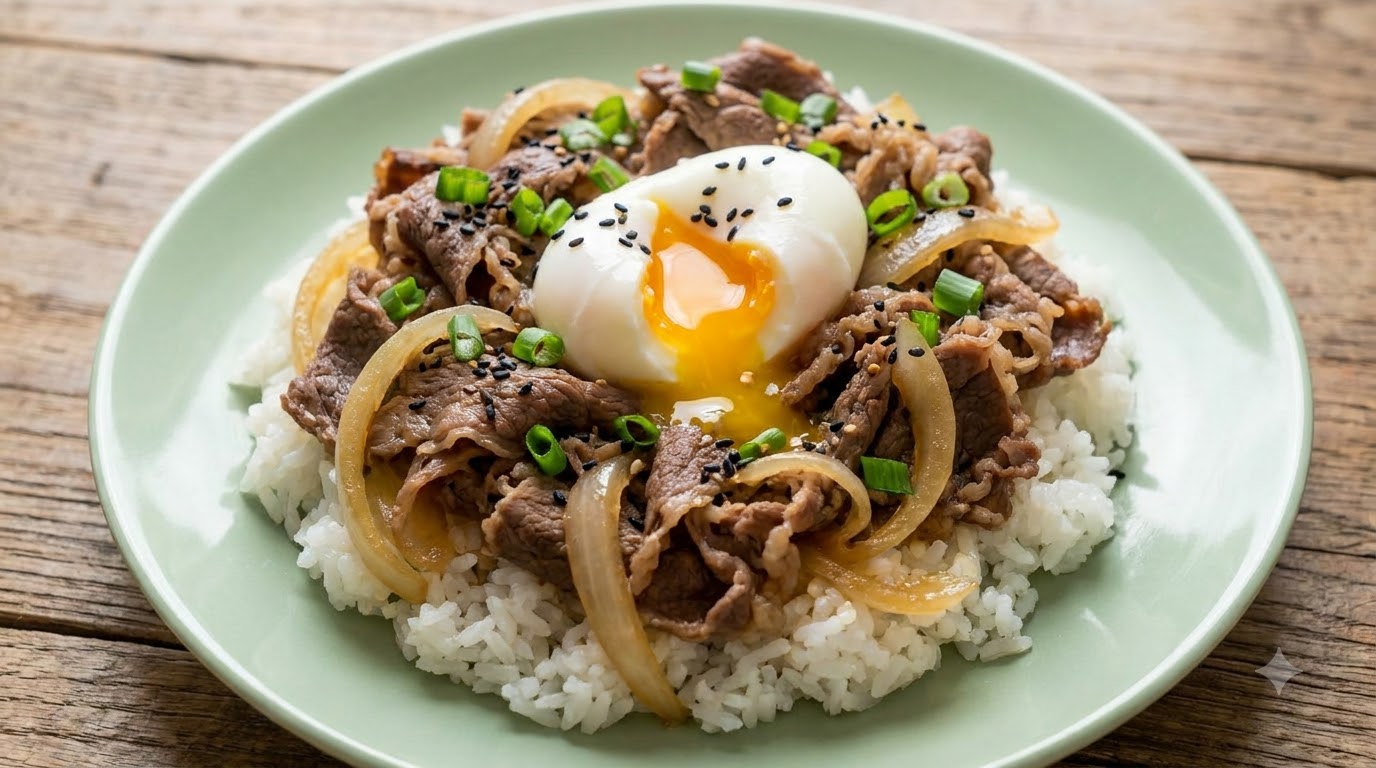 A finished Yoshinoya style beef bowl with tender beef slices, translucent onions, green onions, sesame seeds, and a soft-boiled egg over white rice
