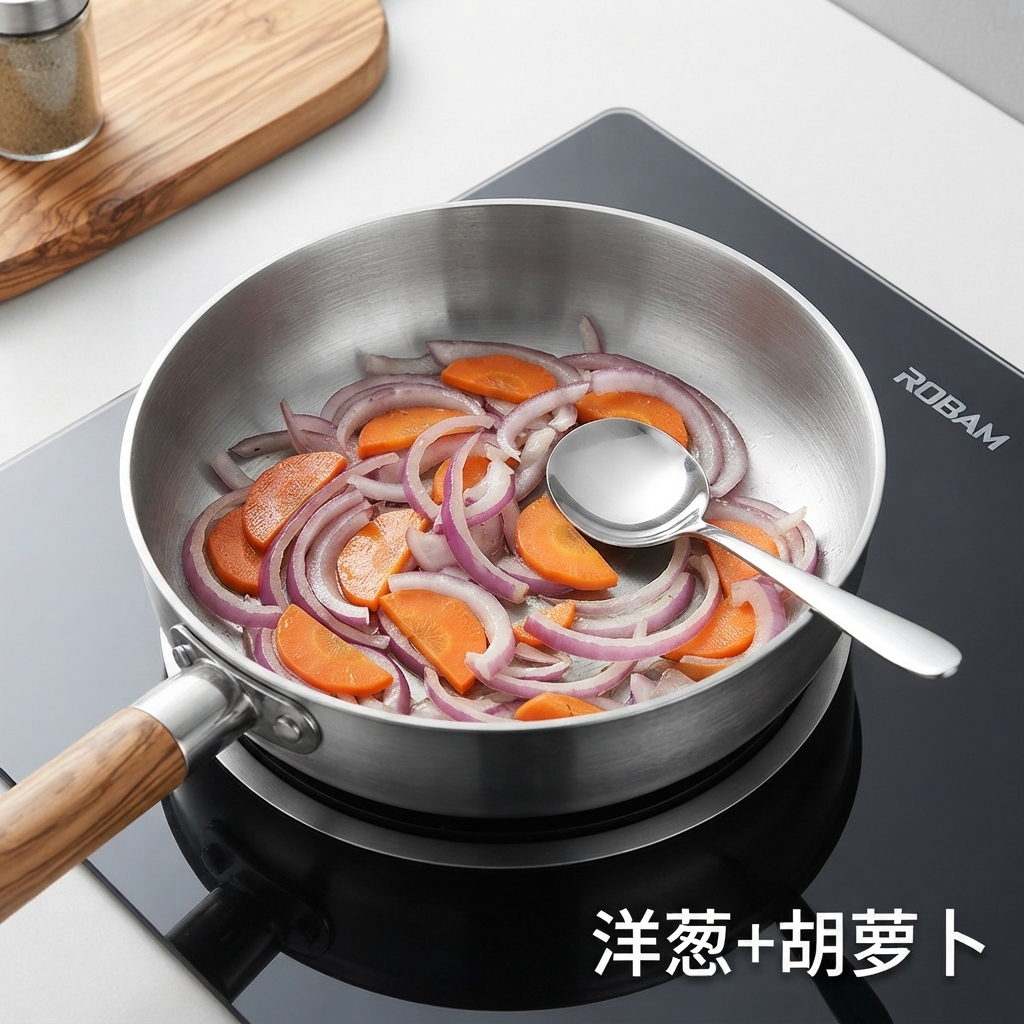 Sliced red onions and carrot rounds being stirred with a wooden spoon in a stainless steel pan.