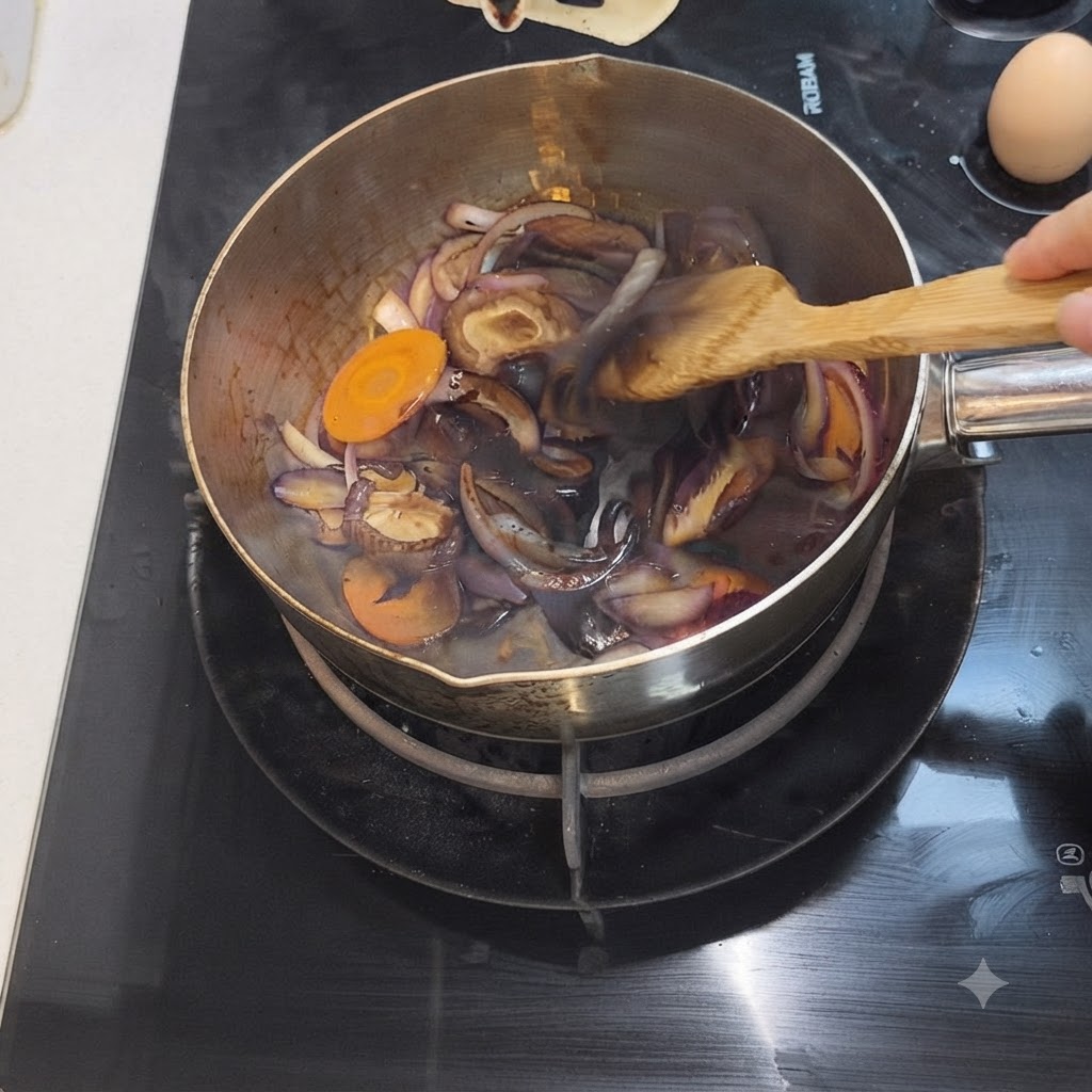 Dark soy sauce being poured over the bubbling vegetables inside the cooking pot.