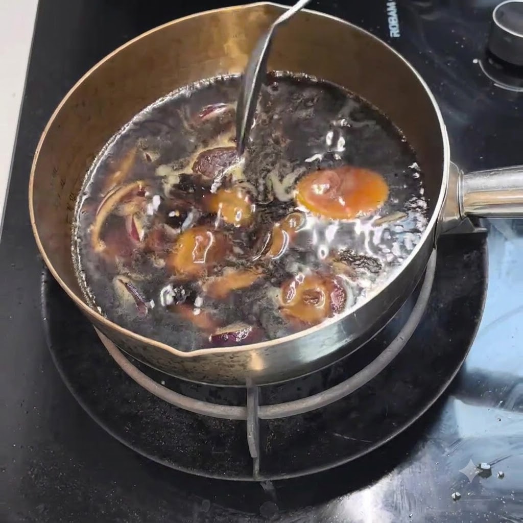 Apple slices and dark seaweed simmering in the dark broth within the pot.