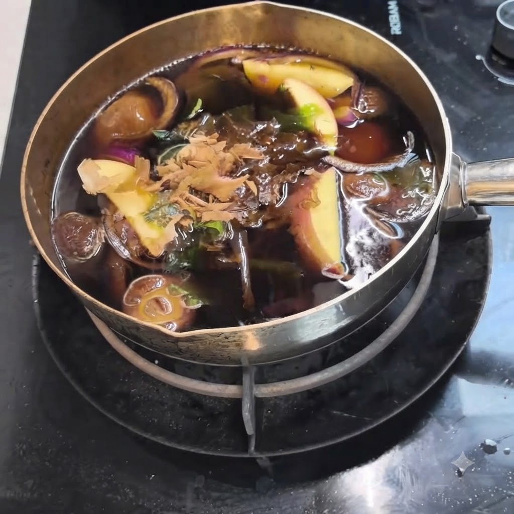 Bonito flakes being dropped onto the surface of the simmering soup broth containing apples and mushrooms.
