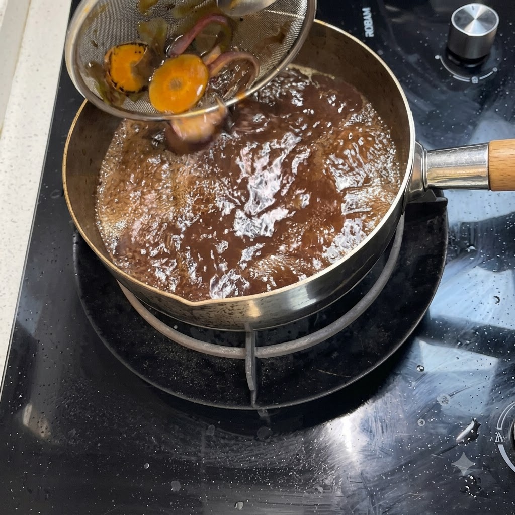 A strainer catching boiled vegetable pieces while dark sukiyaki sauce pours into a pot.
