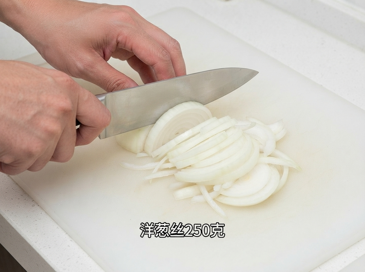 An onion being sliced into thin strips on a white cutting board using a professional chef knife.