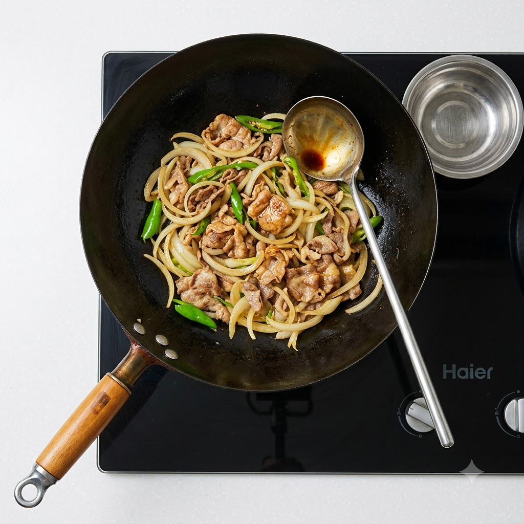 A ladle pouring sauce into a wok containing cooked beef slices, onions, and green bell peppers.