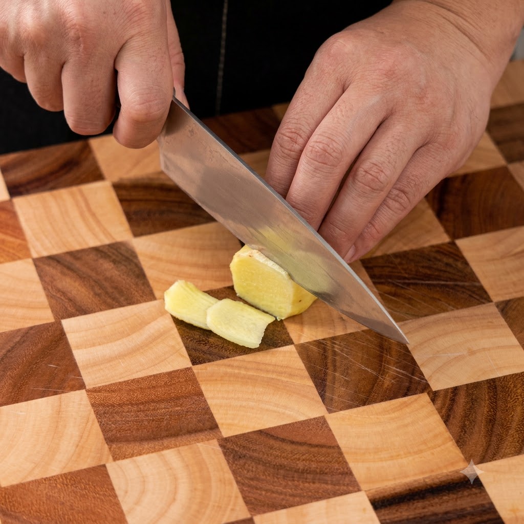 A sharp knife slicing ginger root into thin pieces on a wooden cutting board.