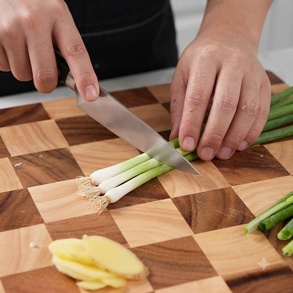 Green onions being neatly sliced into small pieces on a wooden cutting board.