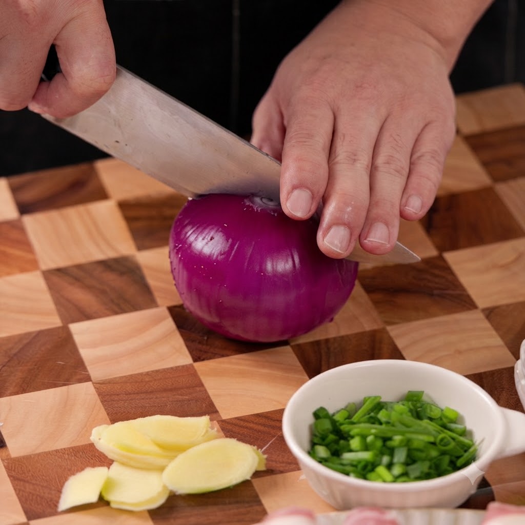 A red onion being cut into thin slices with a chefs knife on a cutting board.