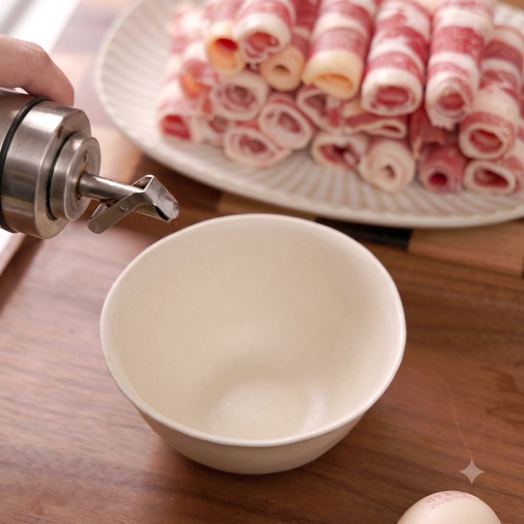 Soy sauce being poured from a dispenser into an empty white ceramic bowl.
