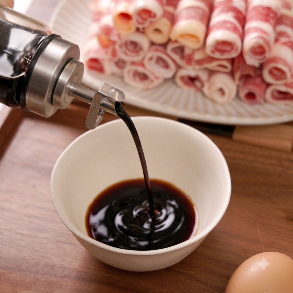 Dark sauce being poured into the bowl to combine with the previous ingredients.