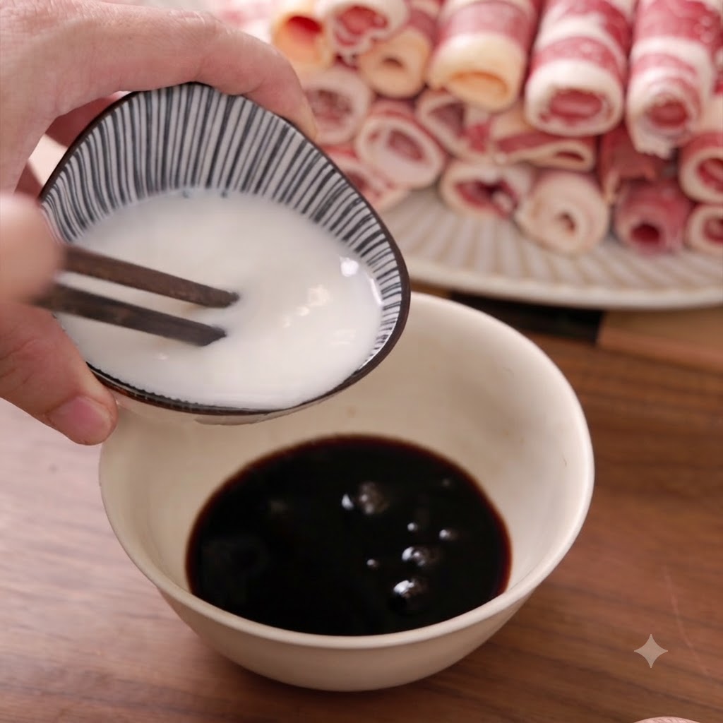 A small bowl of dark sauce being mixed with white water starch using wooden chopsticks.