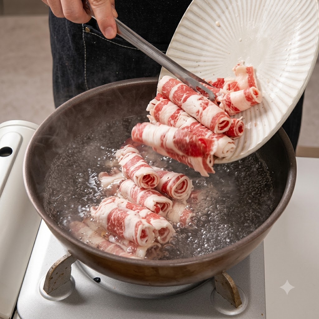 Beef rolls sliding from a white plate into a bubbling pot of water with ginger.