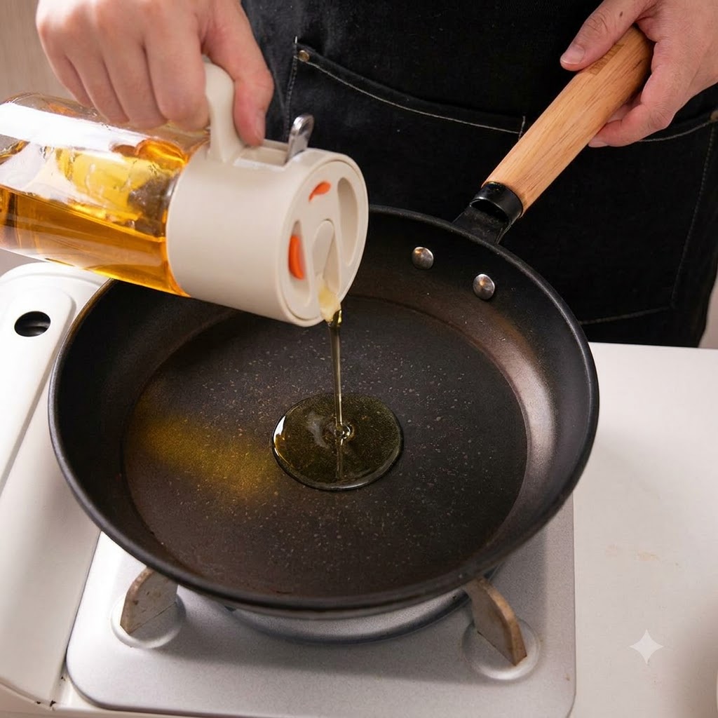 Cooking oil being poured from a glass dispenser into a hot skillet.
