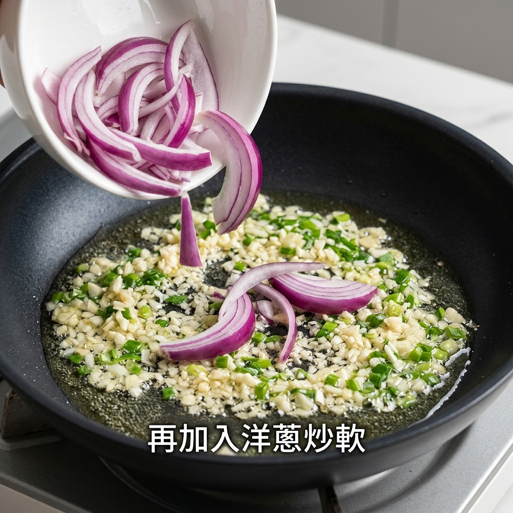 Sliced red onions being poured from a bowl into a pan containing sauteed garlic and green onions.