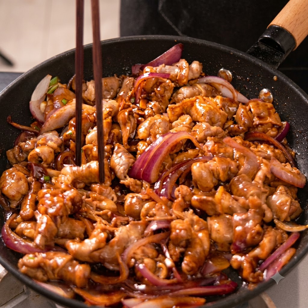 Beef and red onion slices being rapidly stir-fried in a pan using chopsticks over high flame.