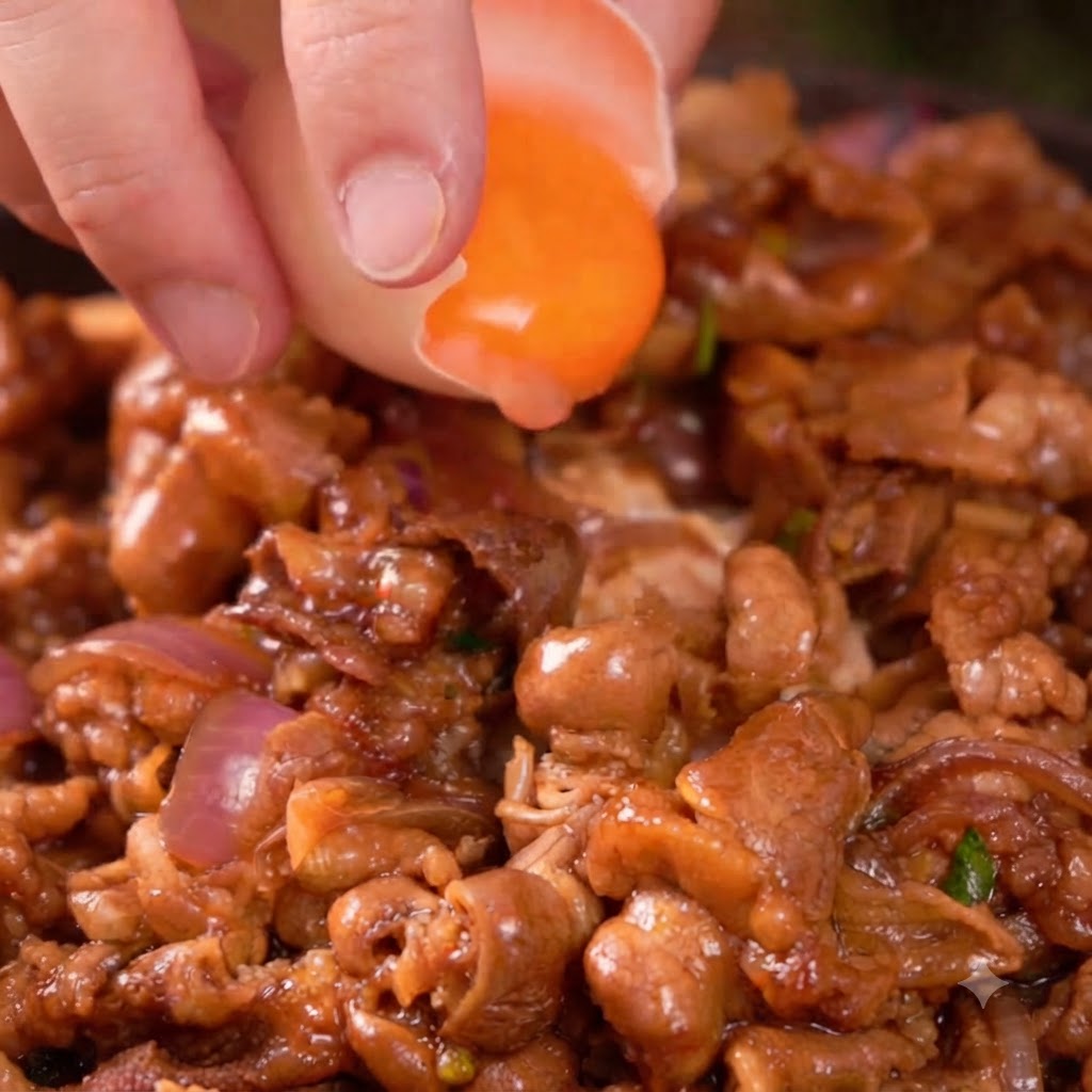 A fresh egg yolk being gently dropped from a cracked shell onto a bed of cooked teriyaki beef.