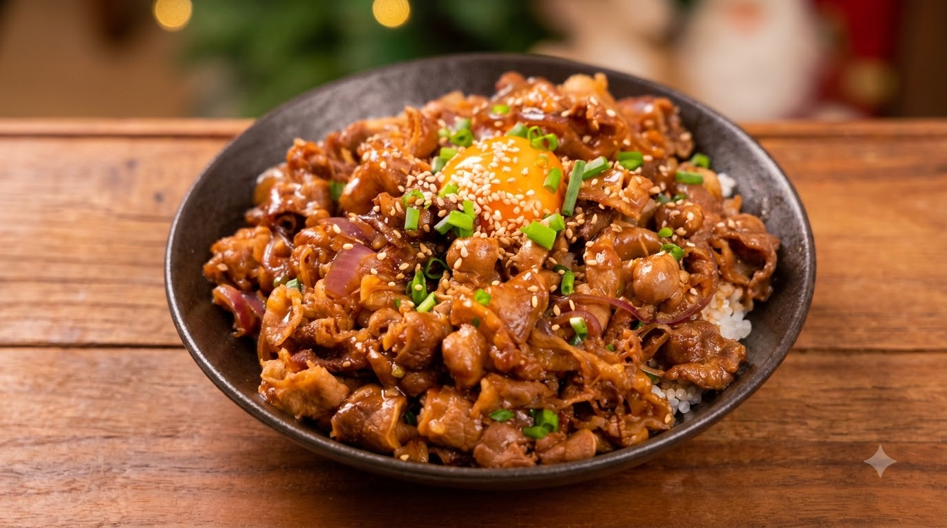 Beef Teriyaki Donburi topped with an uncooked egg yolk and sesame seeds, garnished with fresh green onions