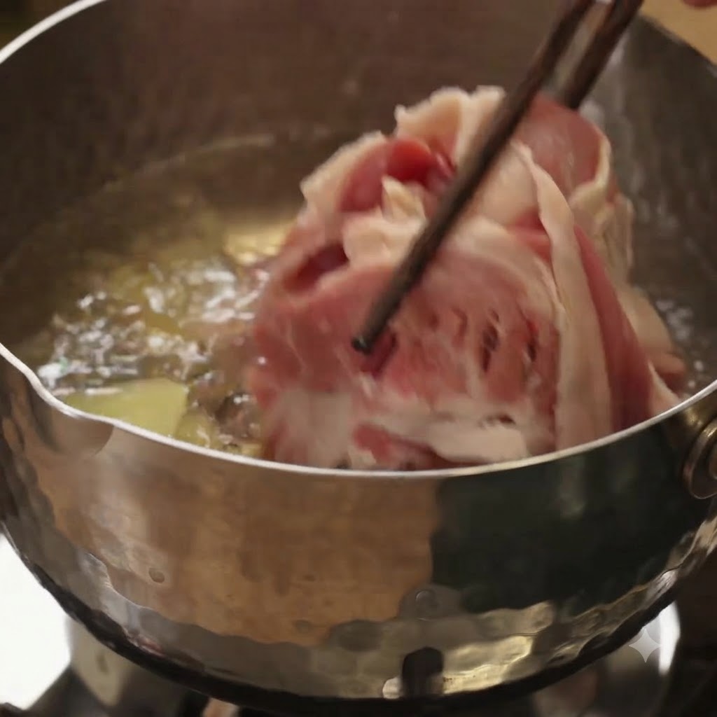 Raw beef slices being lowered with chopsticks into boiling water in a metal pot with ginger pieces.