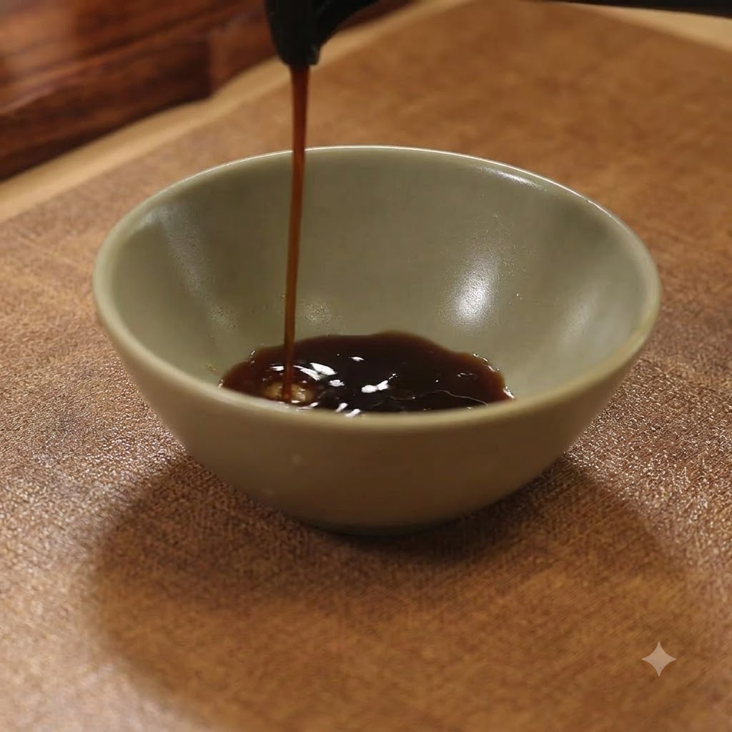 Dark soy sauce being poured from a bottle into a small ceramic bowl on a wooden board.