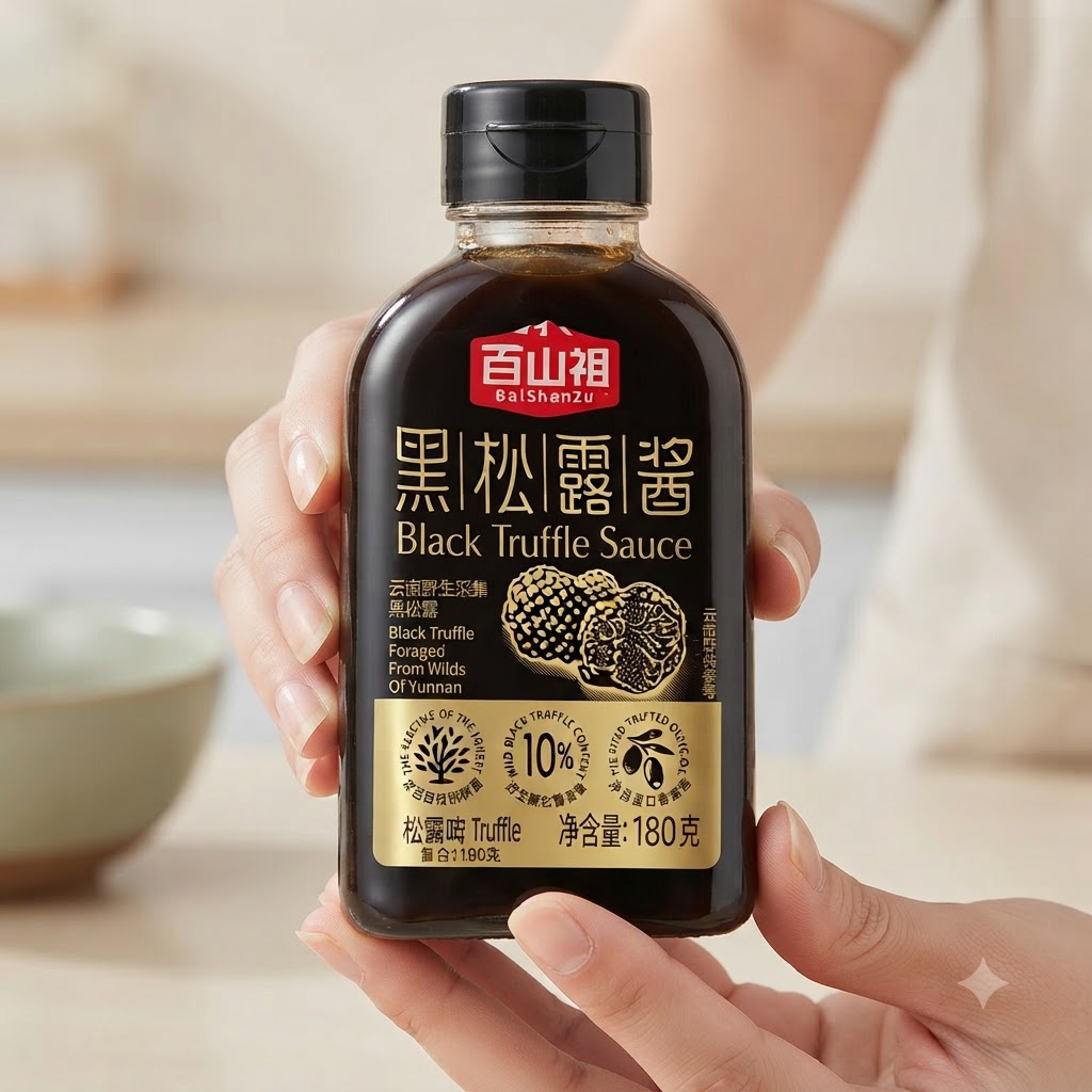 A bottle of black truffle sauce held by hands with the label clearly visible.