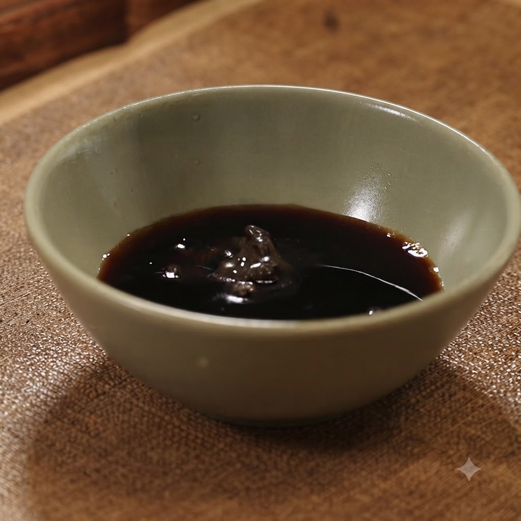 A small bowl containing dark sauce with a dollop of black truffle paste in the center.