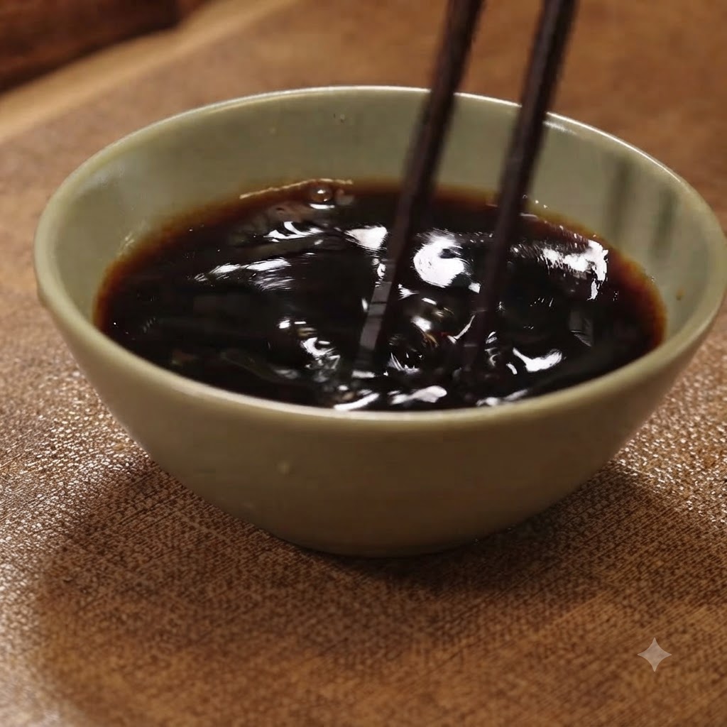 Chopsticks stirring a dark liquid sauce mixture inside a small ceramic bowl.