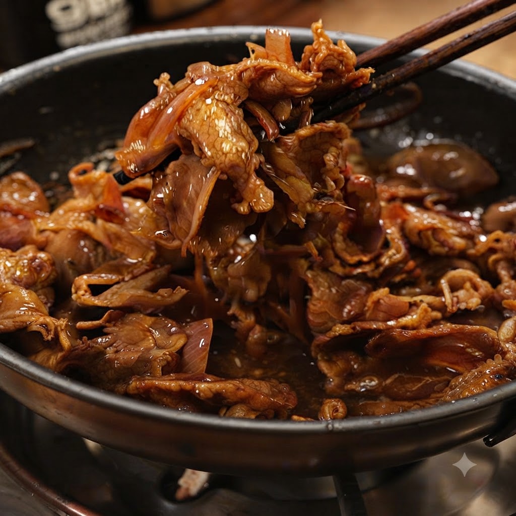 A pair of chopsticks lifting a portion of cooked teriyaki beef and onions out of a pan.