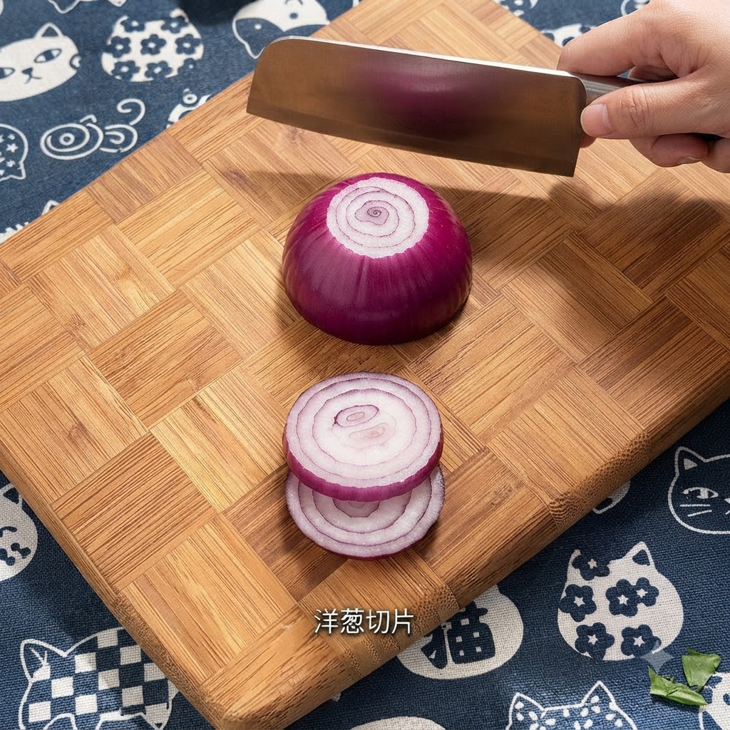 A red onion being sliced into rings with a cleaver on a wooden cutting board.