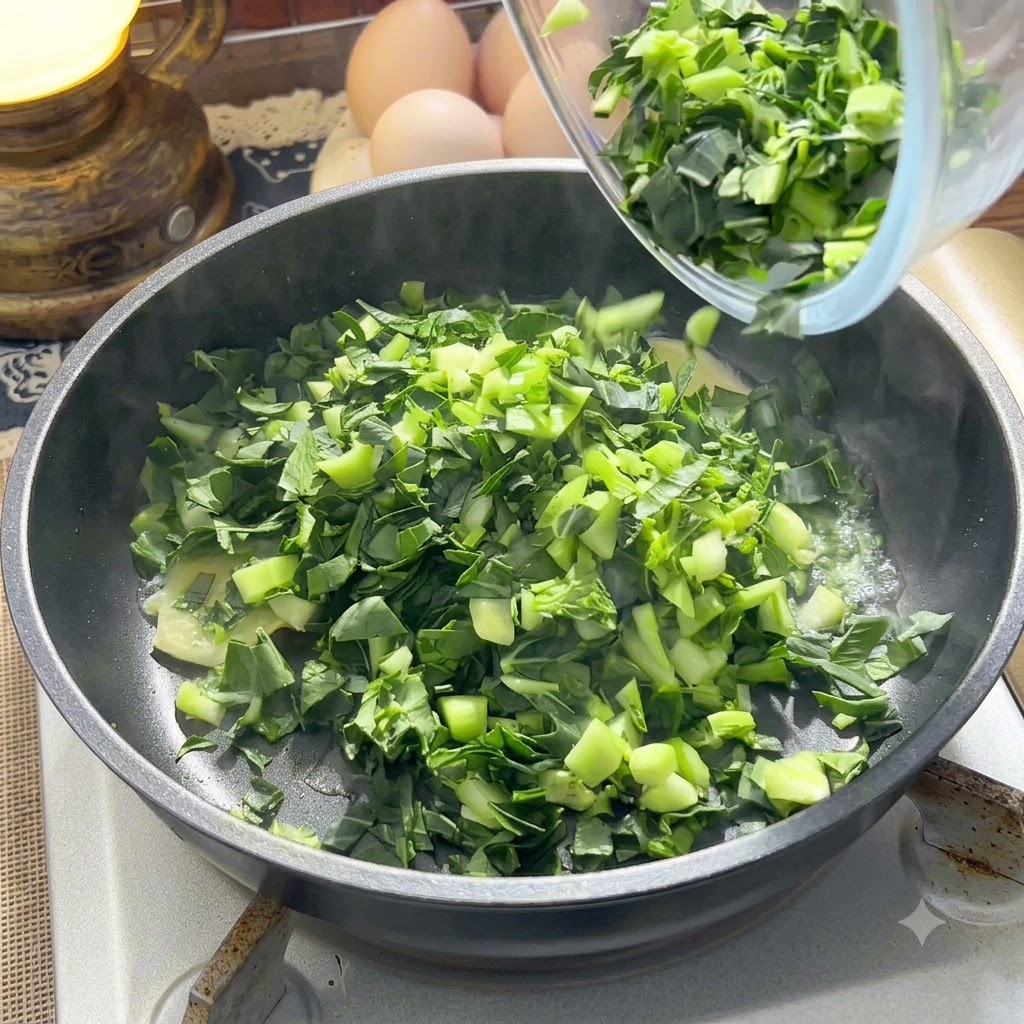 Chopped green vegetables and ginger being tossed in a hot skillet.
