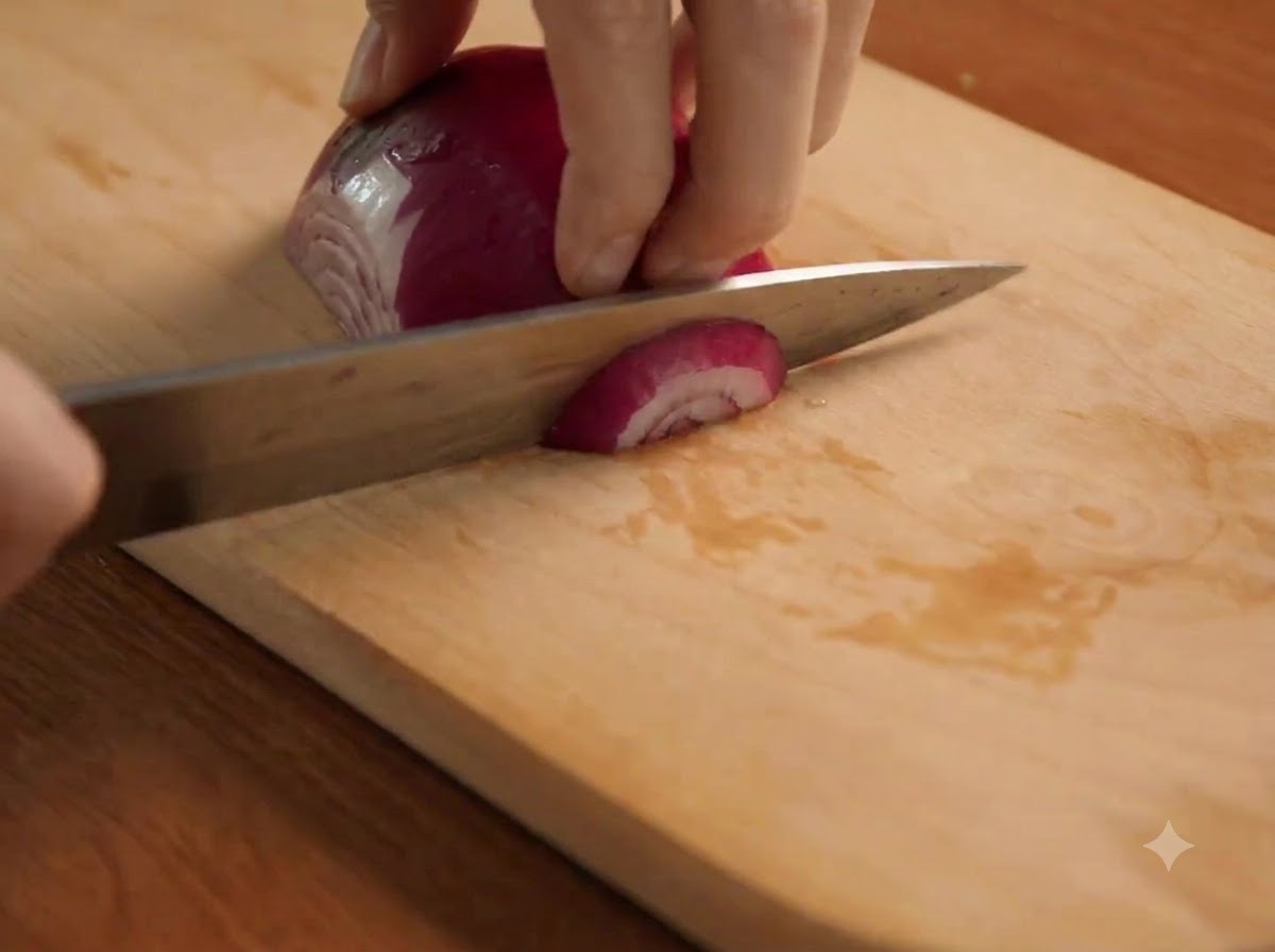 A red onion being thinly sliced with a knife on a wooden board.