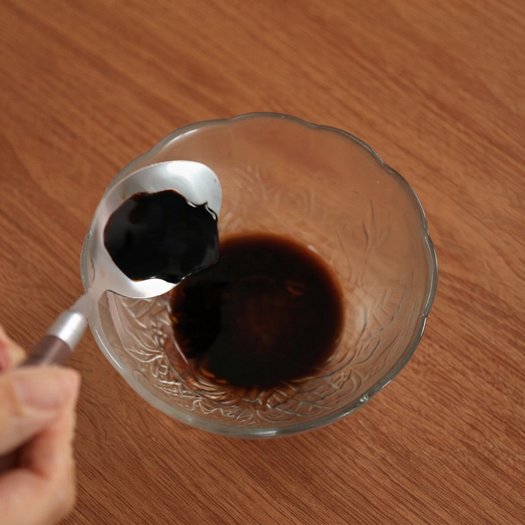 A spoonful of dark soy sauce being added into a small glass bowl.