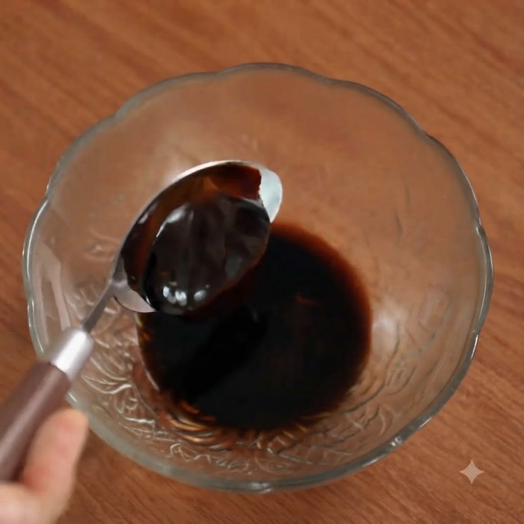 Thick oyster sauce being spooned into a glass bowl with sauce ingredients.