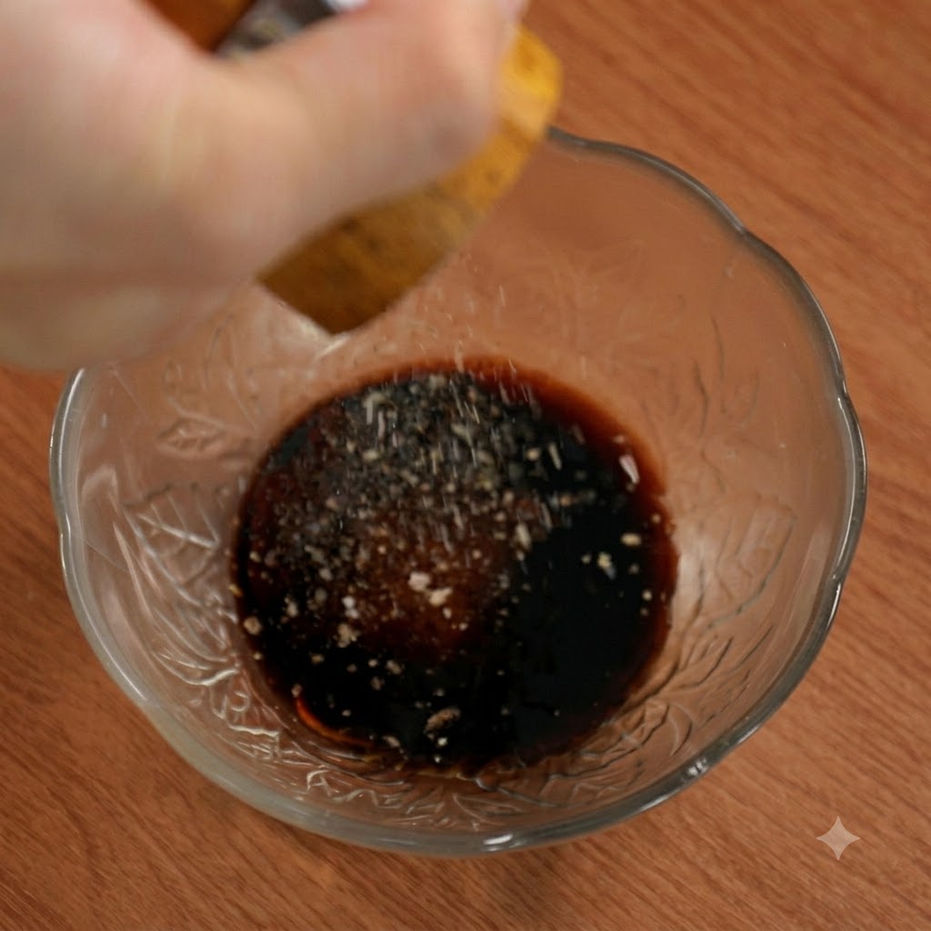 Black pepper being freshly ground over the sauce mixture in a glass bowl.