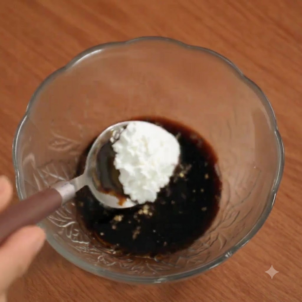 A spoonful of cornstarch being added to the sauce bowl.