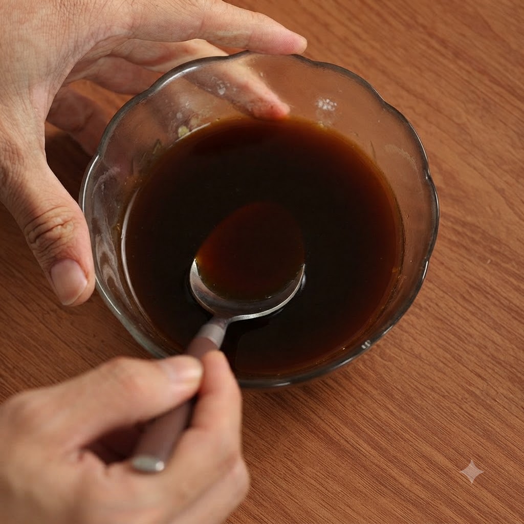 A hand using a spoon to stir the blended teriyaki sauce in a glass bowl.