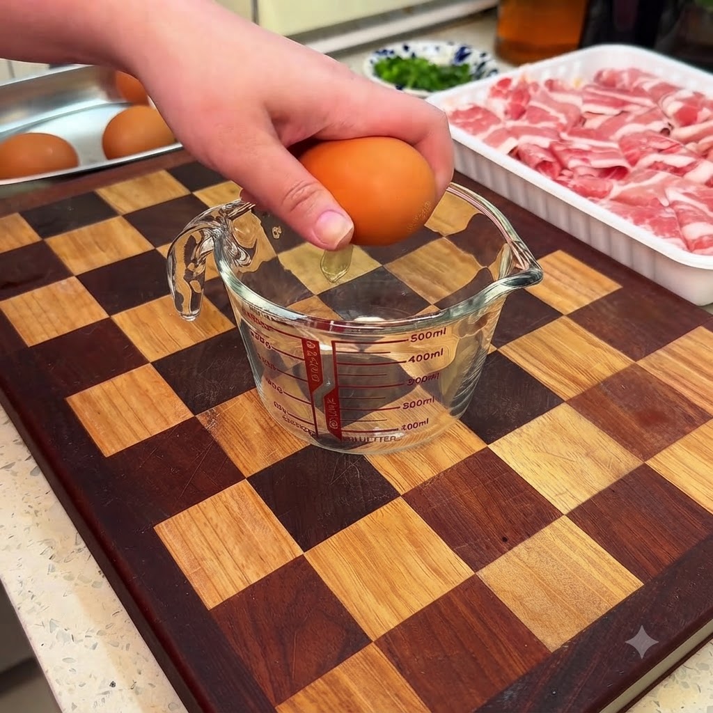 Four raw eggs being cracked individually into a clear glass measuring cup on a cutting board.