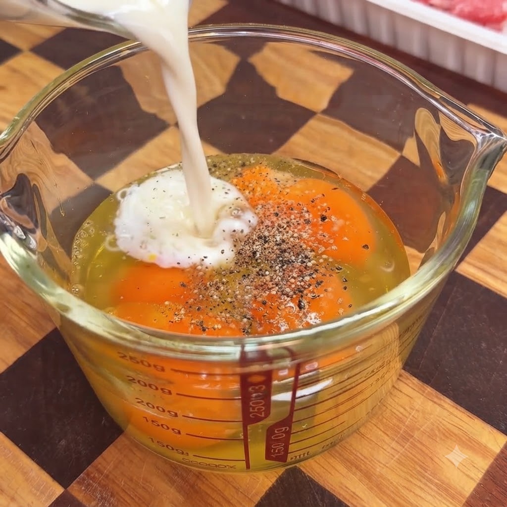 Milk, salt, and ground black pepper being poured and sprinkled into the egg measuring cup, then mixed with chopsticks.