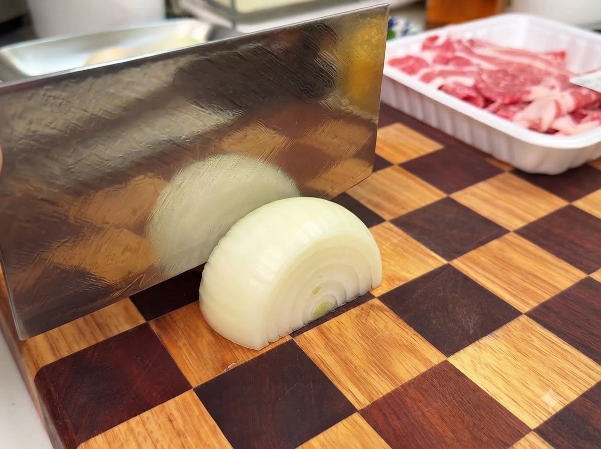 An onion half being cut into thick slices with a cleaver on a wooden checkerboard cutting board.