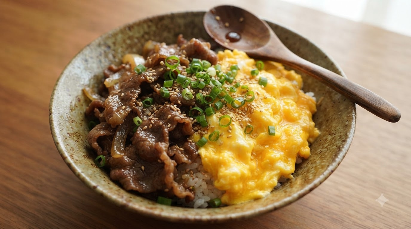A rustic bowl of fluffy scrambled eggs and savory teriyaki beef served over warm rice, garnished with fresh green onions and sesame seeds.