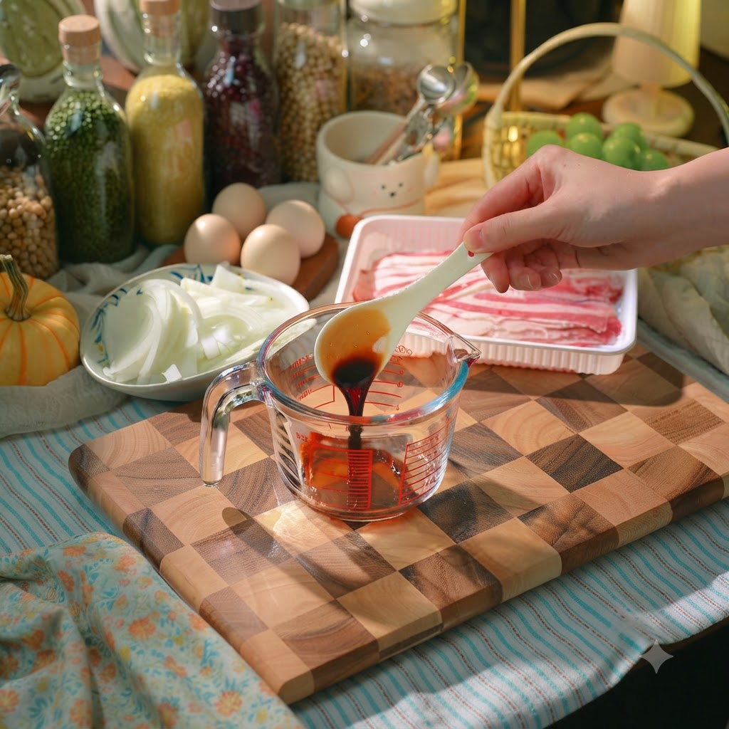 Dark soy sauce being poured from a white spoon into a clear glass measuring cup containing teriyaki sauce ingredients.