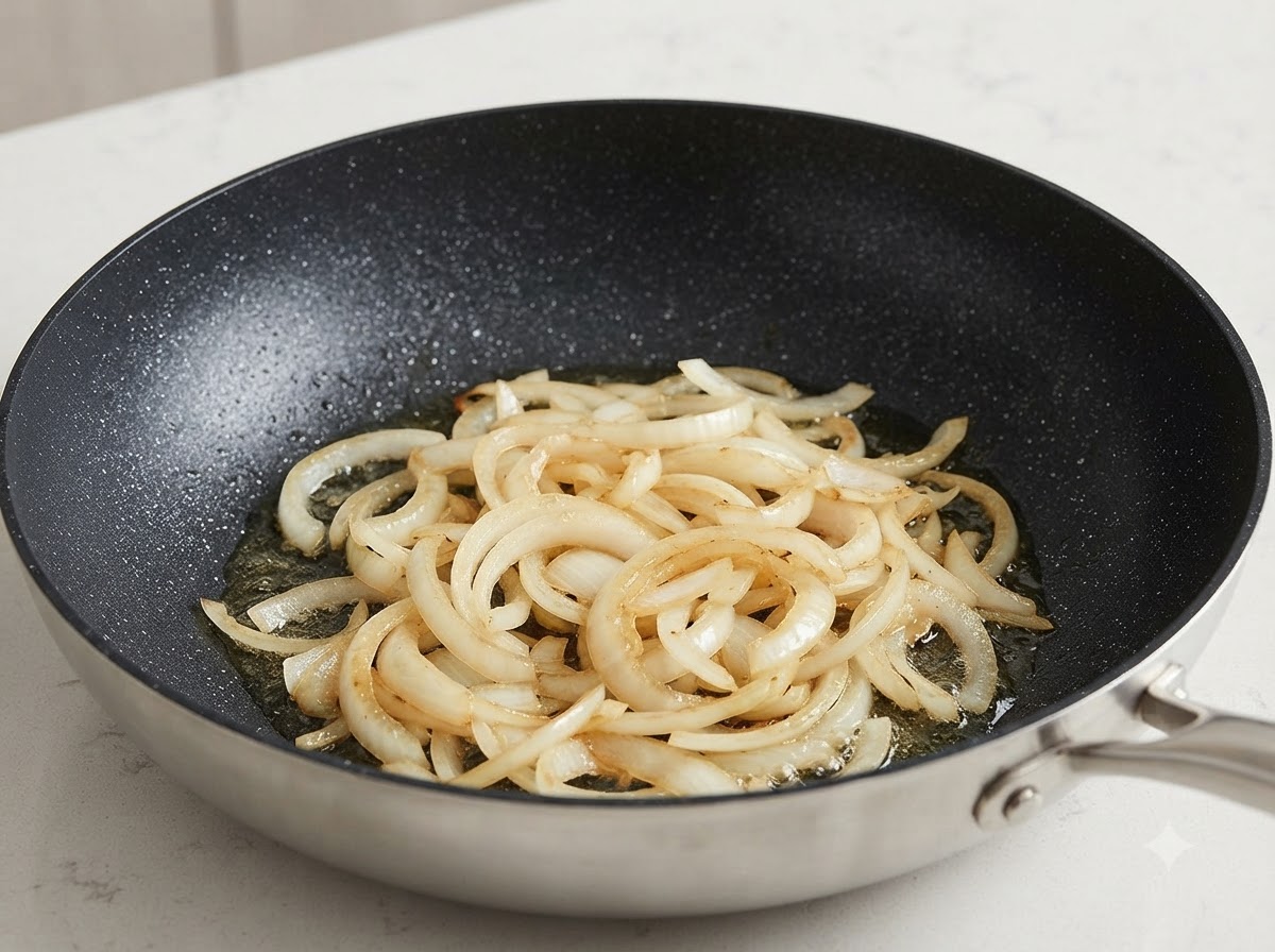 Sliced onions cooking and softening in a pan with oil.