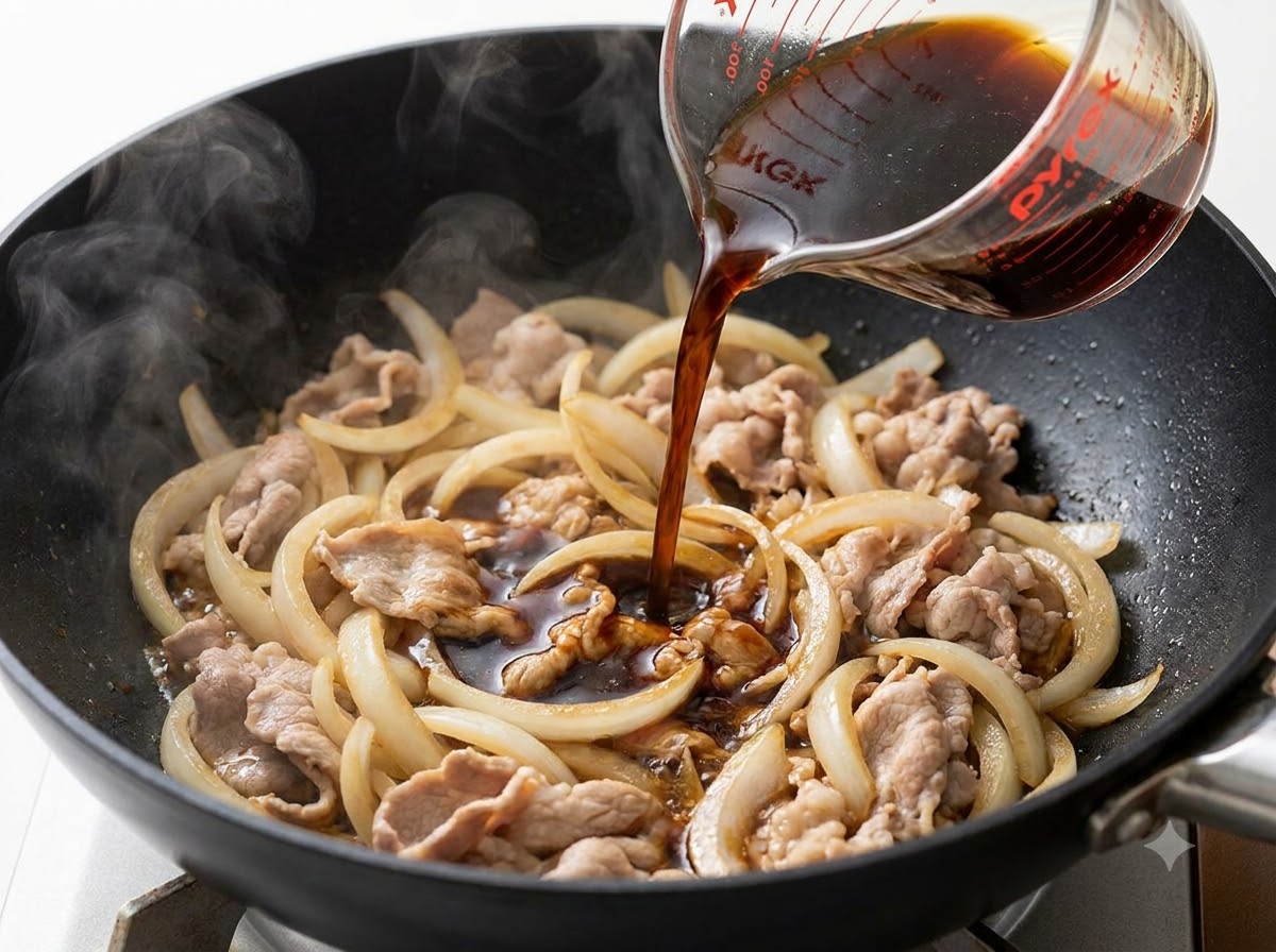 Teriyaki sauce being poured from a glass measuring cup into a pan filled with beef and onions.