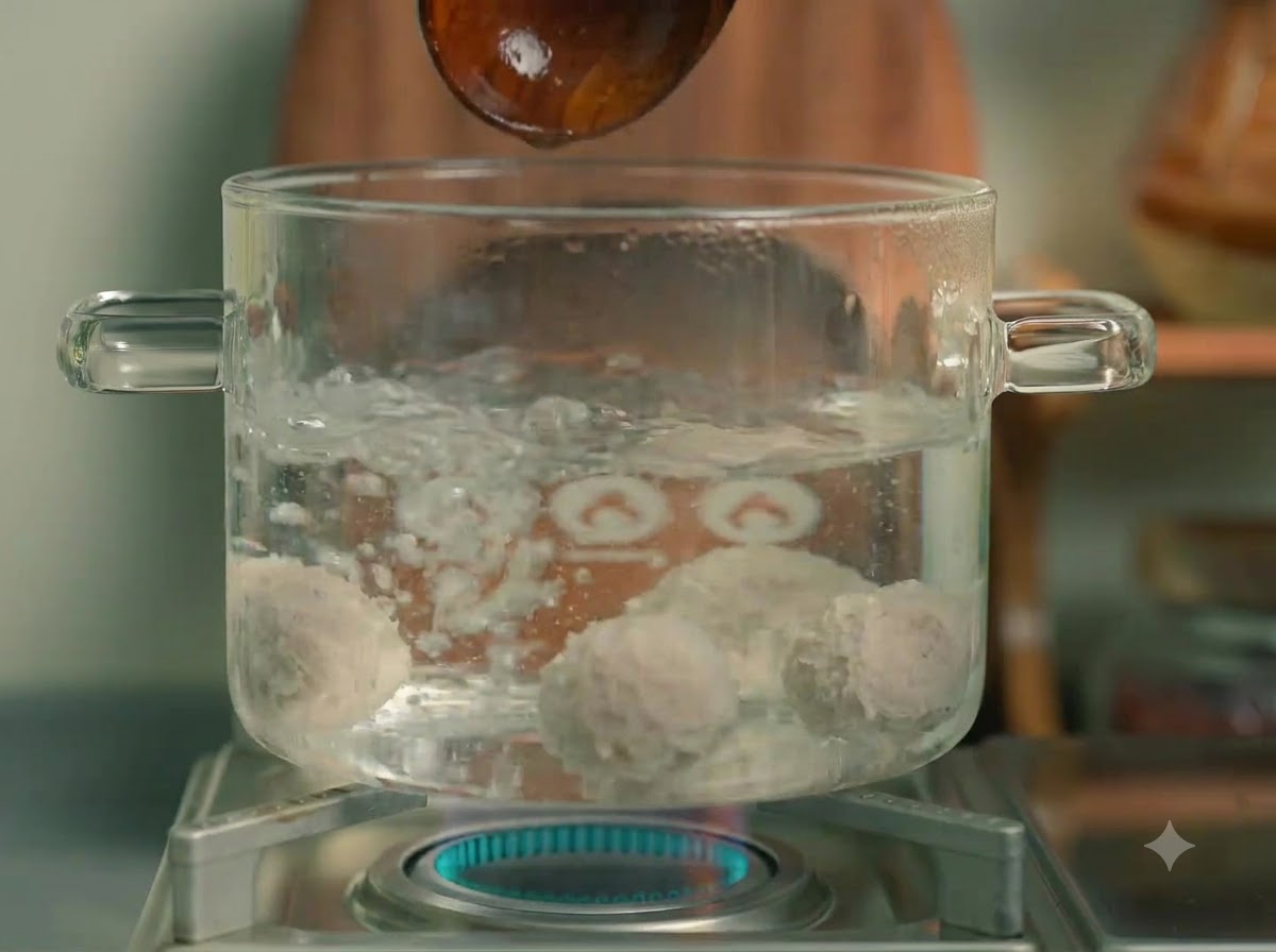 Pork meatballs cooking and boiling inside a clear glass pot on a stove burner.
