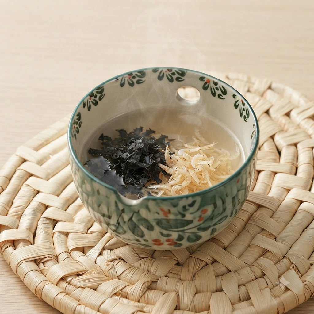 A ceramic bowl containing seaweed, dried shrimp, and liquid seasoning ingredients.