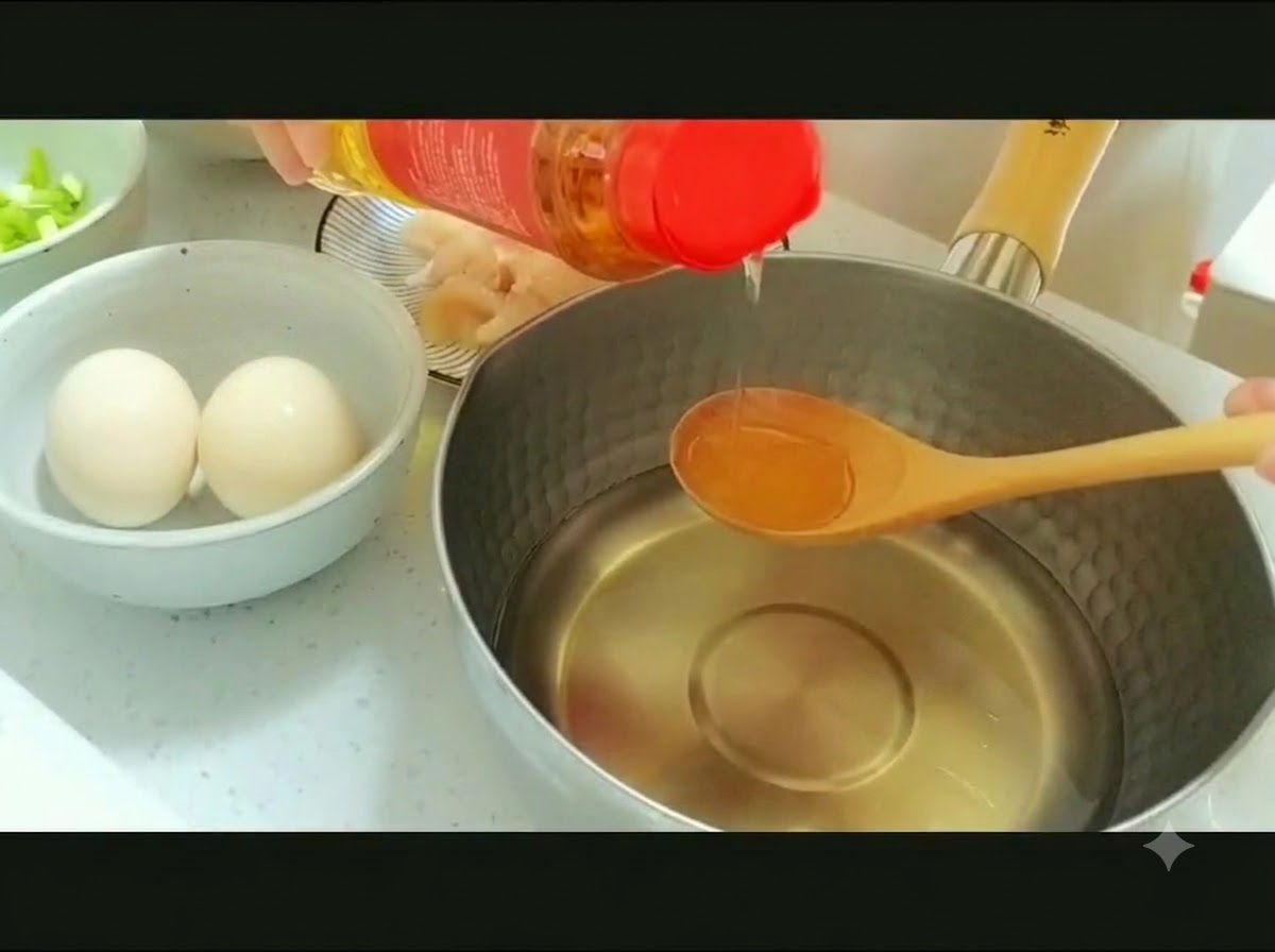Mirin being poured from a bottle into a wooden spoon above a pot of water.