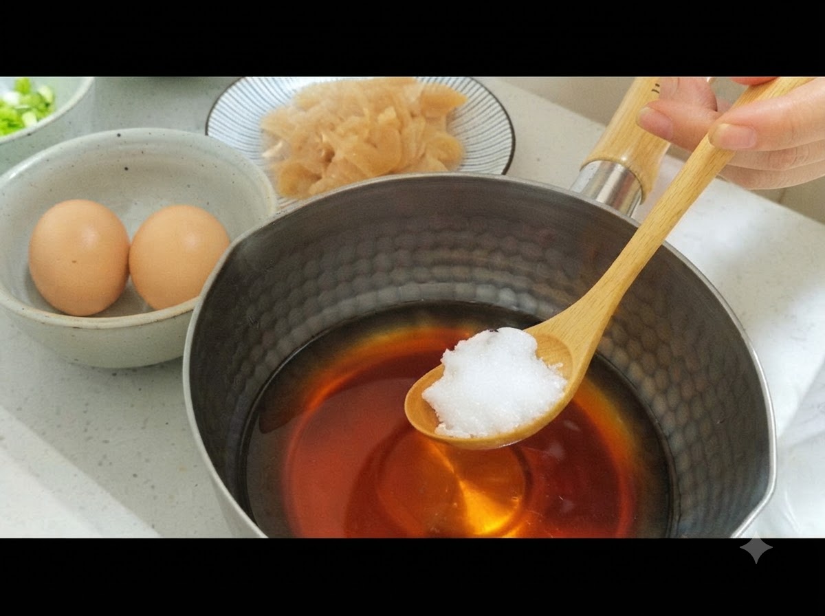 A wooden spoon loaded with white sugar held over a seasoned broth mixture in a pot.