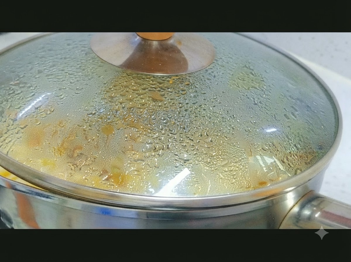 A glass lid with condensation being placed onto a cooking pot.