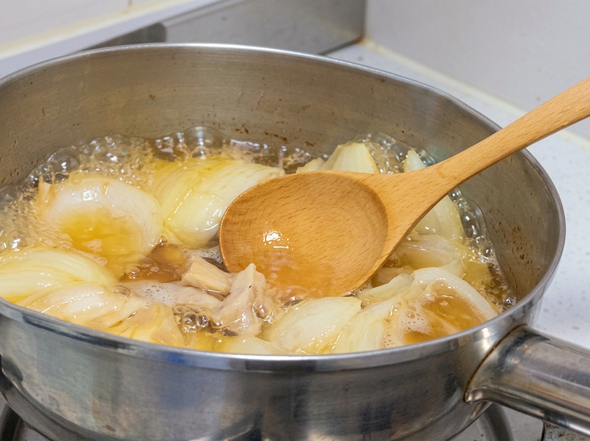 A wooden spoon skimming foam from a bubbling pot of broth with chicken and onions.